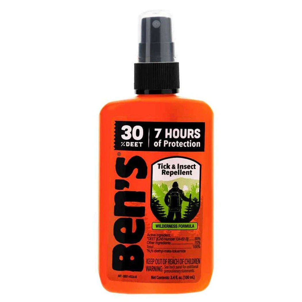 Orange Ben's 30 tick and insect repellent pump spray with 7 hours of protection label, against a white background.