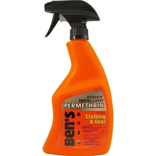 An orange Ben's Clothing & Gear insect repellent spray bottle with a black trigger spray head, shown from a front angle against a white background.
