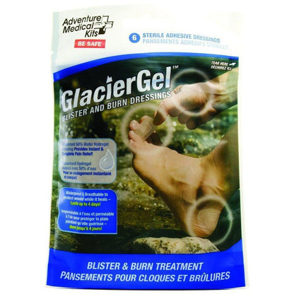 A package of Adventure Medical Kits GlacierGel Blister and Burn Dressings showing a foot with a blister on a rocky background.
