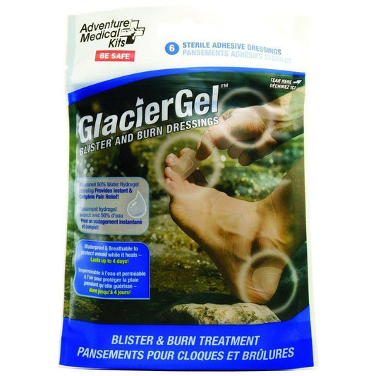 A package of Adventure Medical Kits GlacierGel Blister and Burn Dressings showing a foot with a blister on a rocky background.