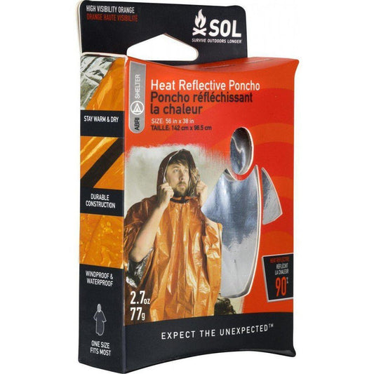 A front view of the SOL Heat Reflective Poncho showing a model wearing it and the orange packaging.