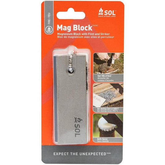A front view of the SOL Mag Block magnesium fire starter in its orange packaging with images of use.