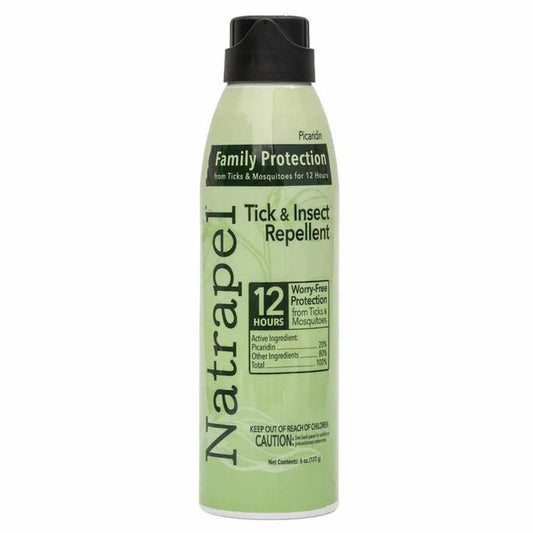 A front view of the Natrapel Tick & Insect Repellent spray can against a white background.