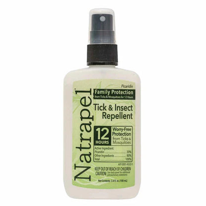A front view of the Natrapel Picaridin Pump - 3.4 oz spray bottle with a green label against a white background.
