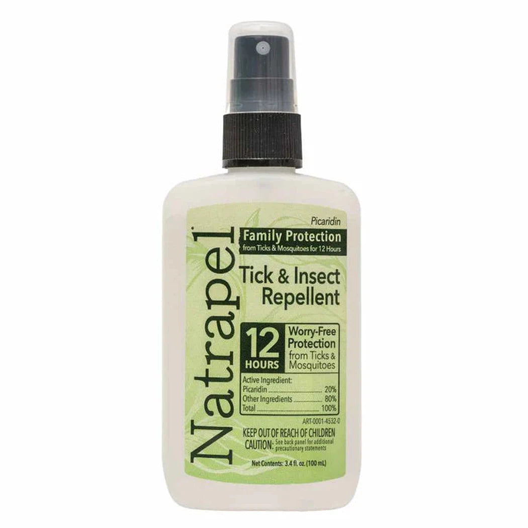 A front view of the Natrapel Tick & Insect Repellent spray bottle with a green label against a white background.