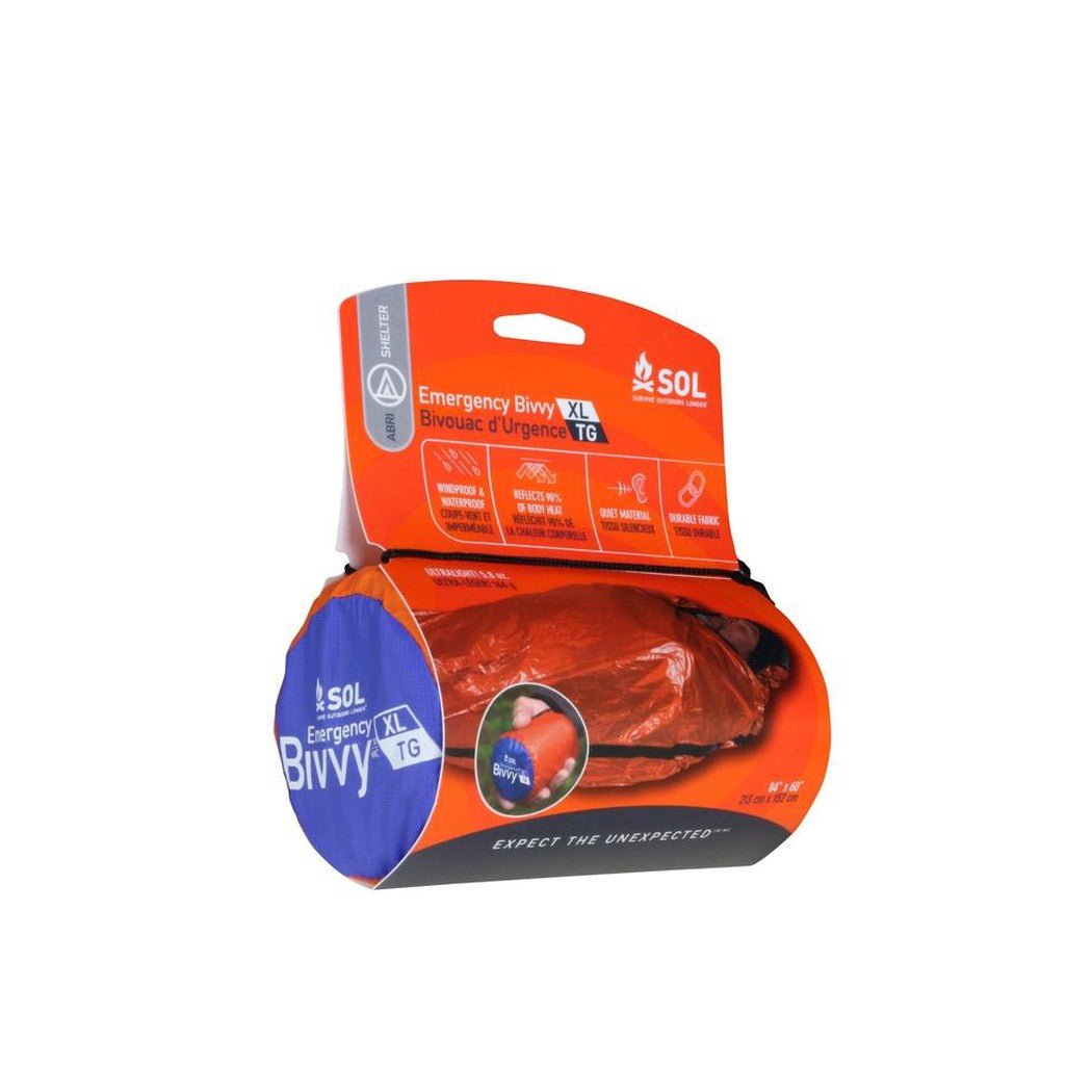 A front view of the SOL Emergency Bivvy XL in orange packaging with a blue end cap against a white background.