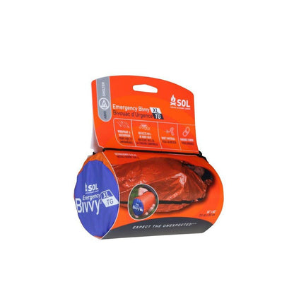 A front view of the SOL Emergency Bivvy XL in orange packaging with a blue end cap against a white background.
