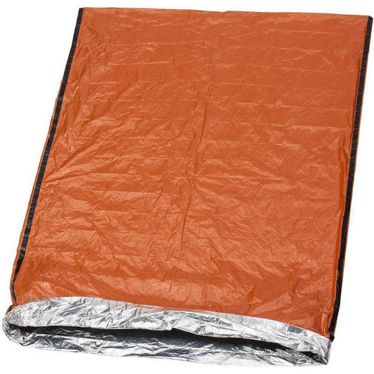 The Adventure Medical Kits SOL Emergency Bivvy XL is shown in a top-down view with its orange exterior and silver reflective interior visible against a white background.