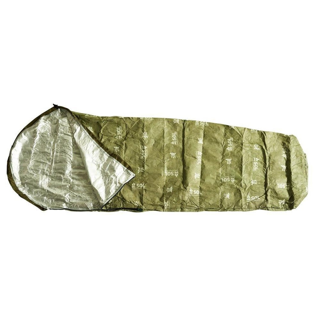 A side view of the Adventure Medical Kits SOL Escape Bivvy OD Green showing the silver interior lining against a white background.