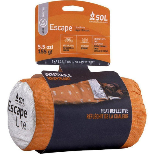 Side view of the SOL Escape Lite Bivvy showing its heat reflective and breathable features on a white background.