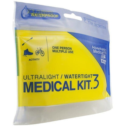 A front view of the Adventure Medical Kits Ultralight / Watertight .3 Medical Kit in a yellow and blue package with a waterproof label.