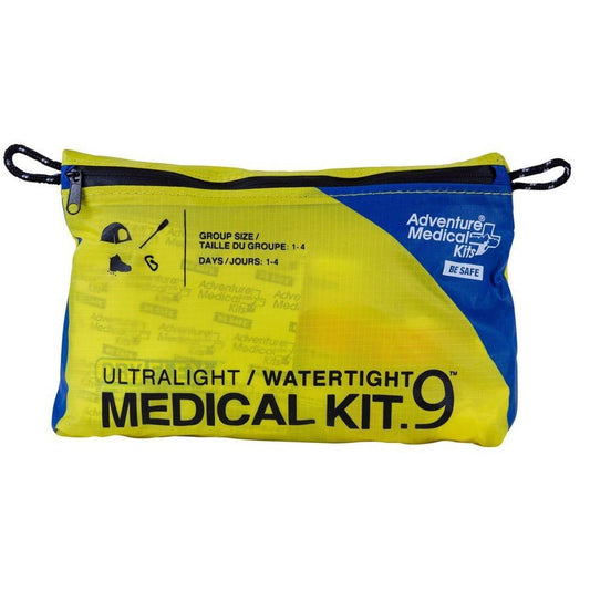A yellow and blue Adventure Medical Kits Ultralight / Watertight .9 Medical Kit with a zipper and carabiner loops, displayed against a white background.