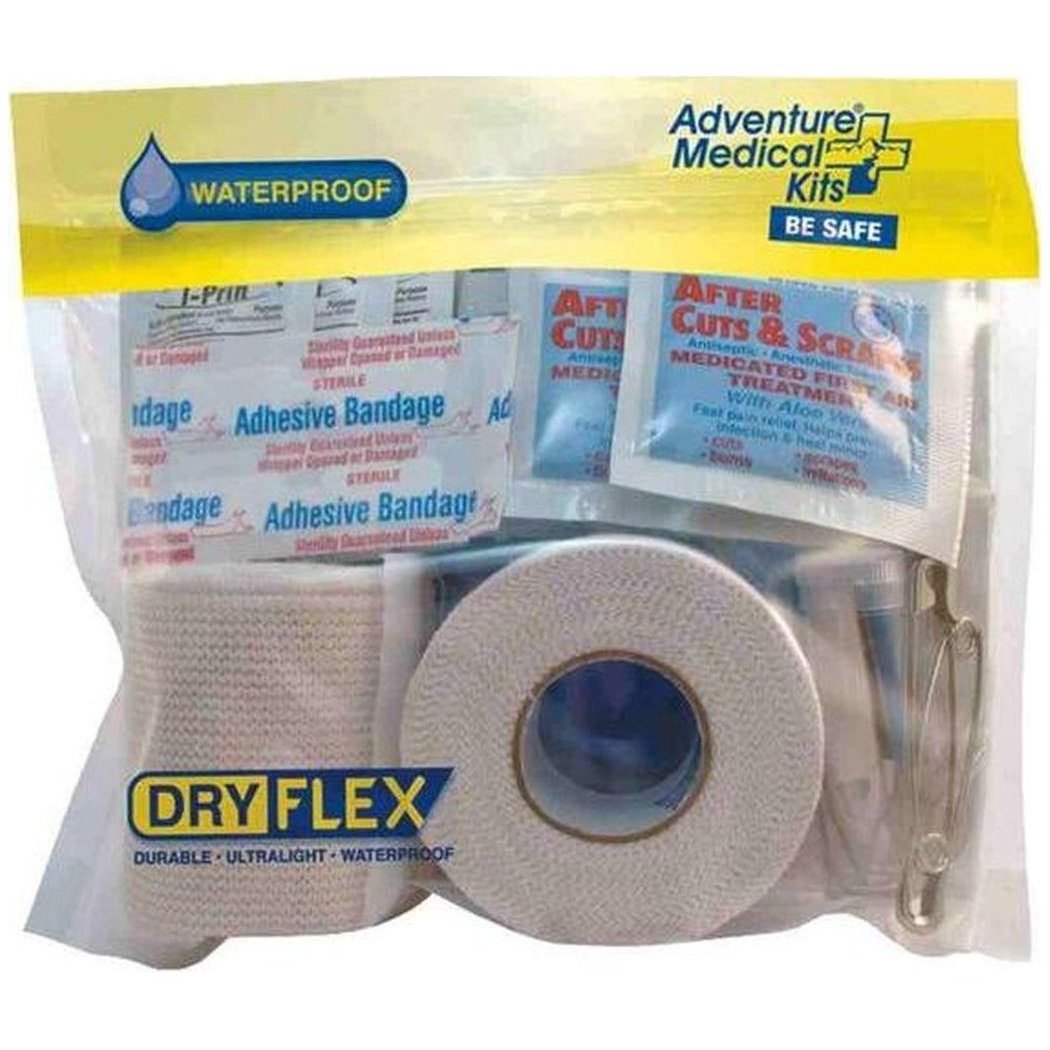 A waterproof Adventure Medical Kits first aid kit with DryFlex bandages and a metal clip, shown in a front view against a white background.