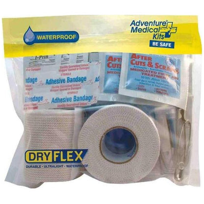 A waterproof Adventure Medical Kits first aid kit with DryFlex bandages and a metal clip, shown in a front view against a white background.
