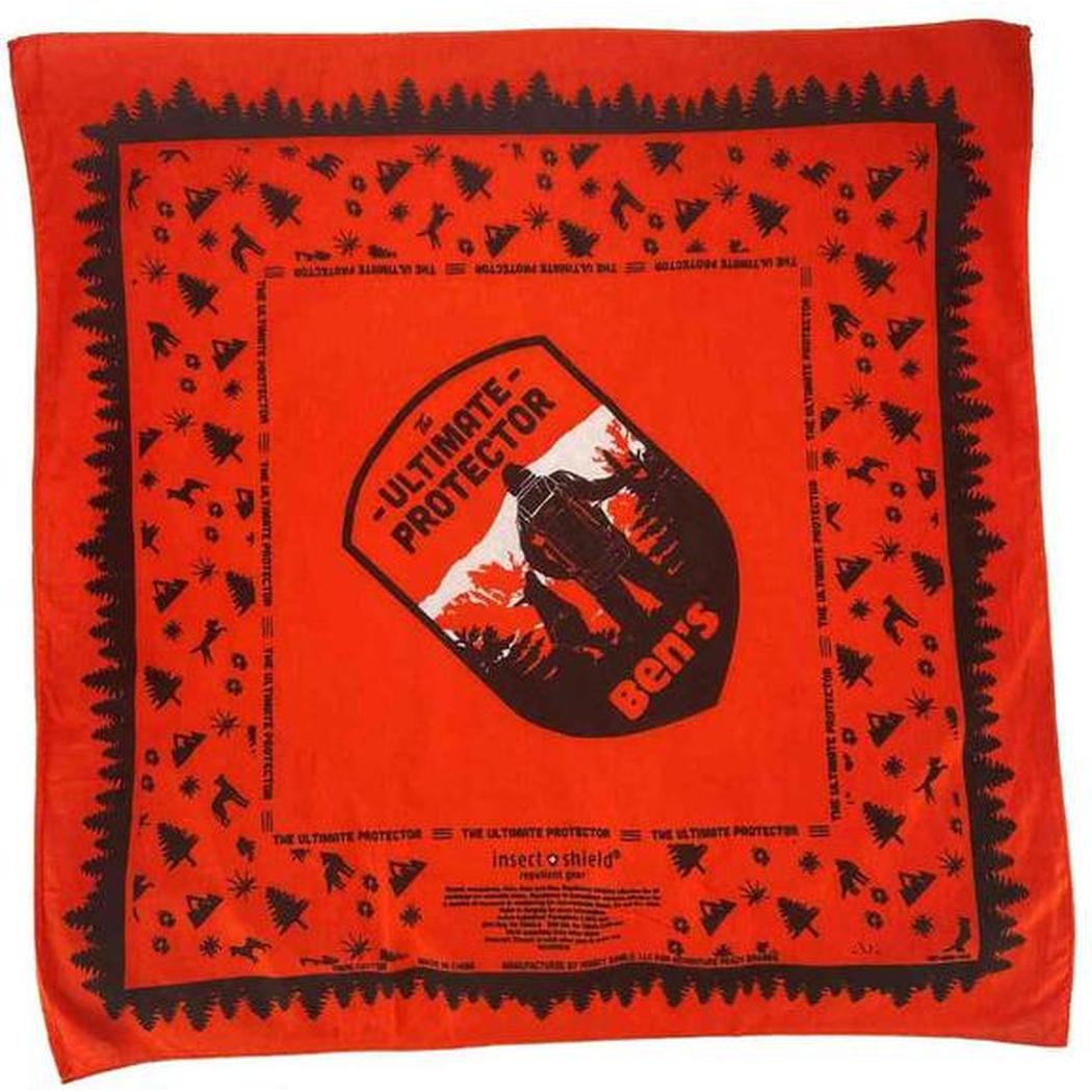 An orange Ben's Bandana with Insect Shield and "Ultimate Protector" logo, surrounded by black nature-themed patterns.