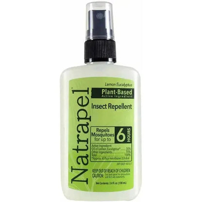 A front view of the Natrapel Lemon Eucalyptus Pump 3.4oz insect repellent bottle with a green label and black spray nozzle against a white background.
