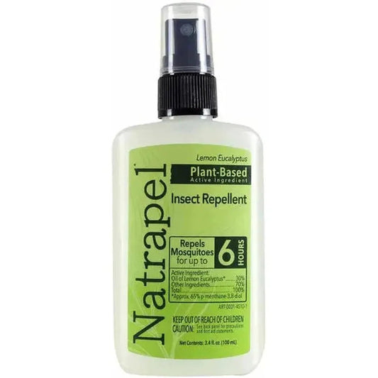A front view of the Natrapel Lemon Eucalyptus Pump 3.4oz insect repellent bottle with a green label and black spray nozzle against a white background.