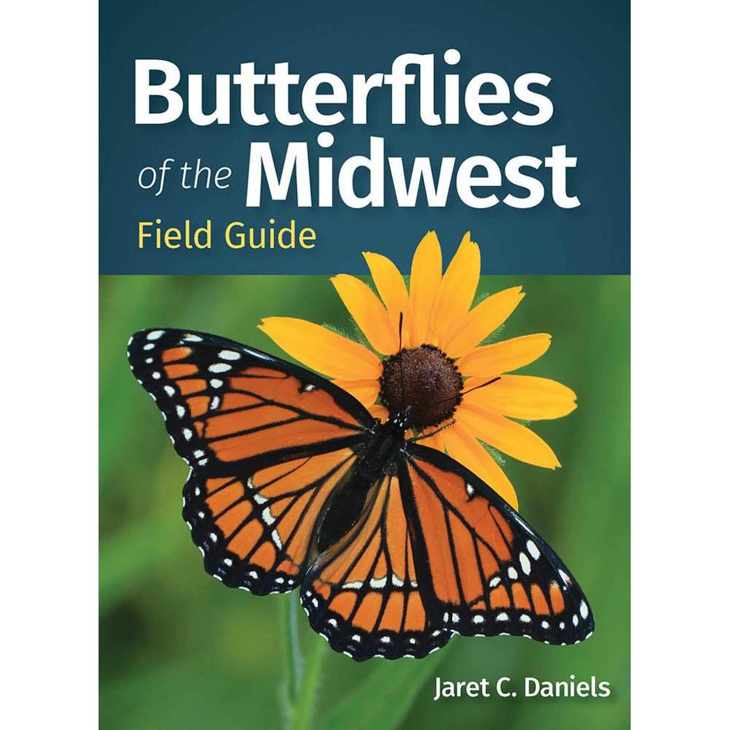 The cover of the AdventureKEEN Butterlies of the Midwest FG field guide shows a monarch butterfly on a yellow flower against a green background.