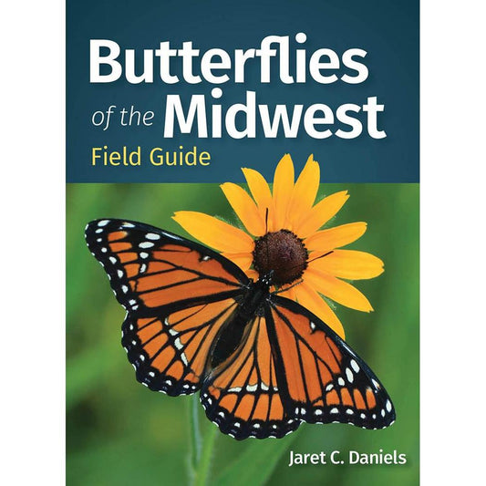 The cover of the AdventureKEEN Butterlies of the Midwest FG field guide shows a monarch butterfly on a yellow flower against a green background.