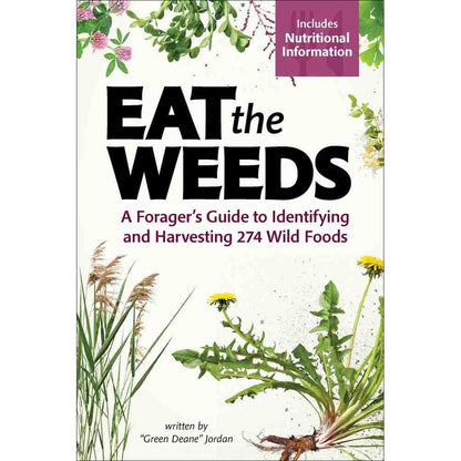 The cover of the "Eat the Weeds" book shows wild plants like dandelions and grasses against a light background.