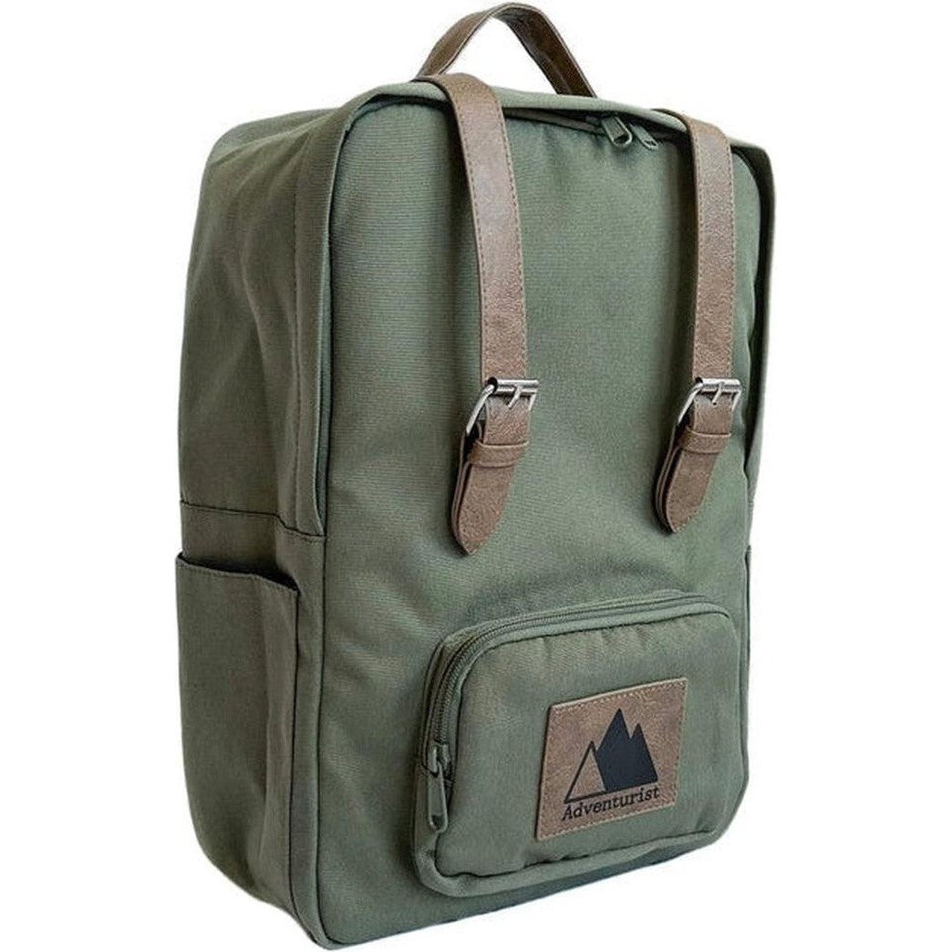 A front view of the Adventurist Backpack Co. Classic Backpack in Adobe showing the front pocket and buckle straps against a white background.