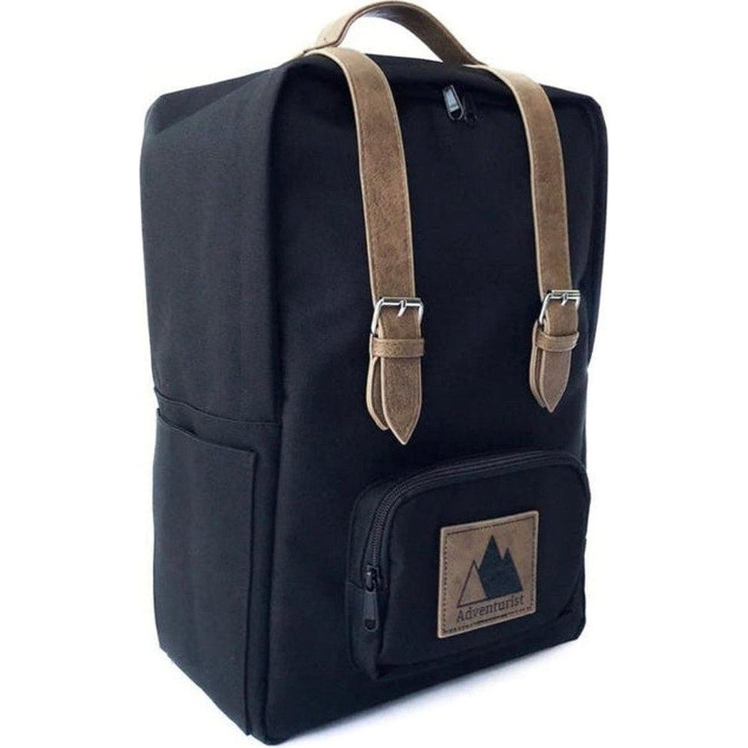 A front view of the Adventurist Backpack Co. Classic Backpack in Adobe showing the front pocket and mountain logo against a white background.