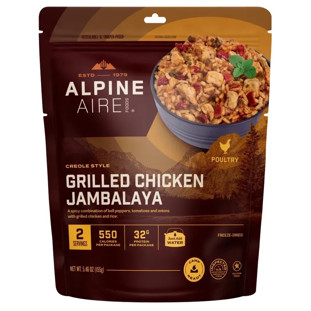 A front view of the AlpineAire Grilled Chicken Jambalaya freeze-dried backpacking food package showing the bowl of jambalaya on the front.