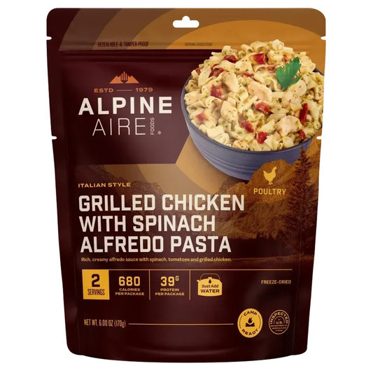 Alpine Aire Grilled Chicken with Spinach Alfredo Pasta backpacking food package showing a bowl of pasta on the front.