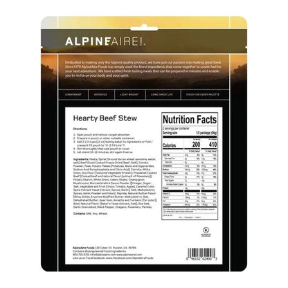 Back of AlpineAire Hearty Beef Stew backpacking food package showing nutrition facts and directions.