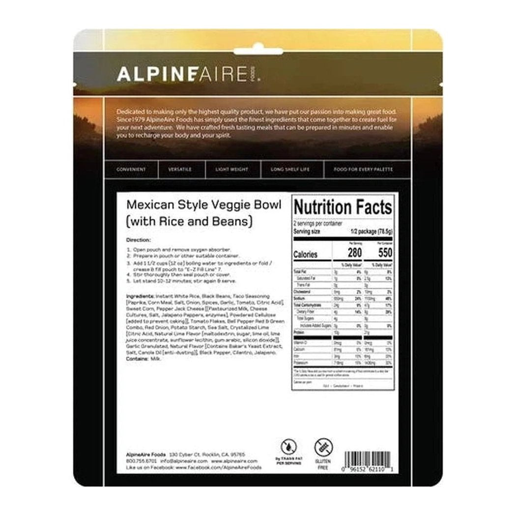Back of AlpineAire Mexican Style Veggie Bowl backpacking food package showing nutrition facts and instructions.