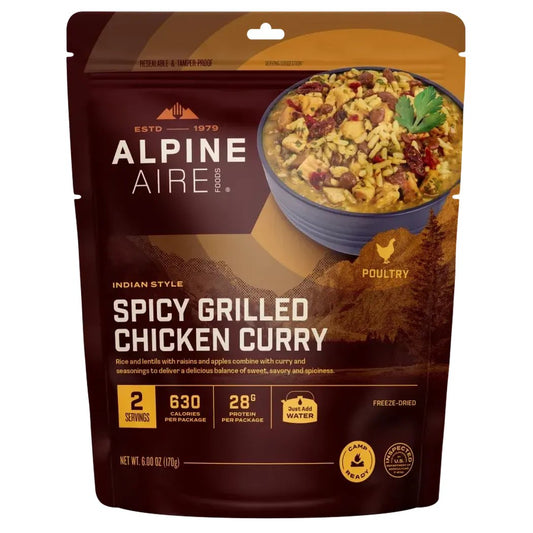 AlpineAire Spicy Grilled Chicken Curry freeze-dried backpacking food package showing a bowl of curry on the front.