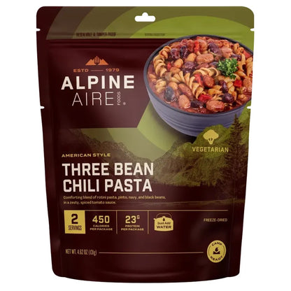 A front view of the AlpineAire Three Bean Chili Pasta backpacking food package showing the bowl of chili pasta on the front.