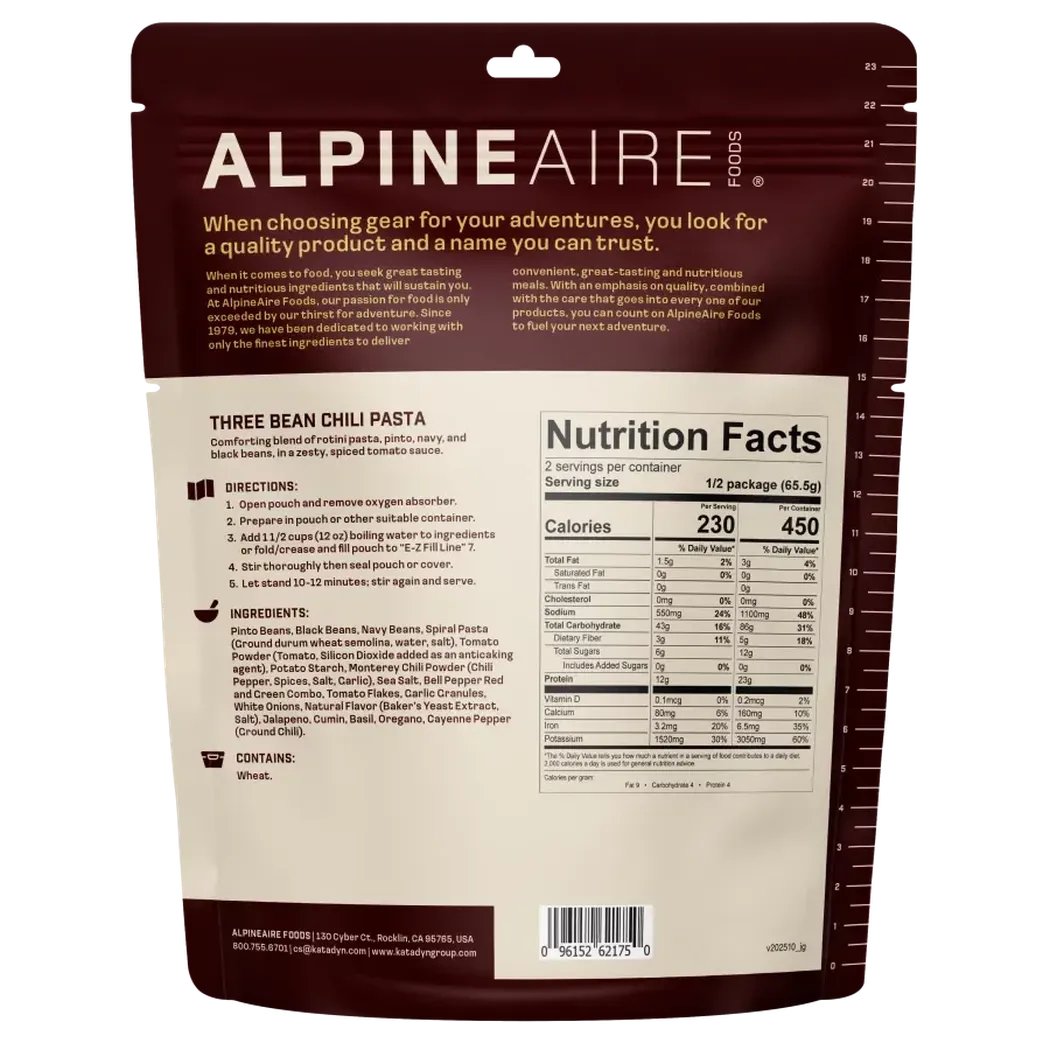 Back of AlpineAire Three Bean Chili Pasta package showing nutrition facts and directions on a white background.