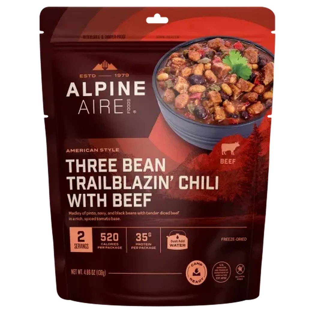 A front view of the AlpineAire Three Bean Trailblazin' Chili with Beef package showing a bowl of chili on the front.