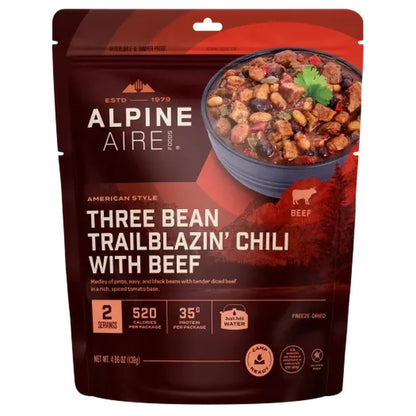 A front view of the AlpineAire Three Bean Trailblazin' Chili with Beef package showing a bowl of chili on the front.