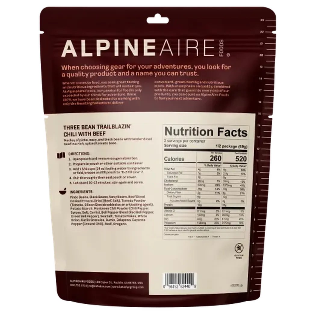 Back of AlpineAire Three Bean Trailblazin' Chili with Beef package showing nutrition facts and ingredients.