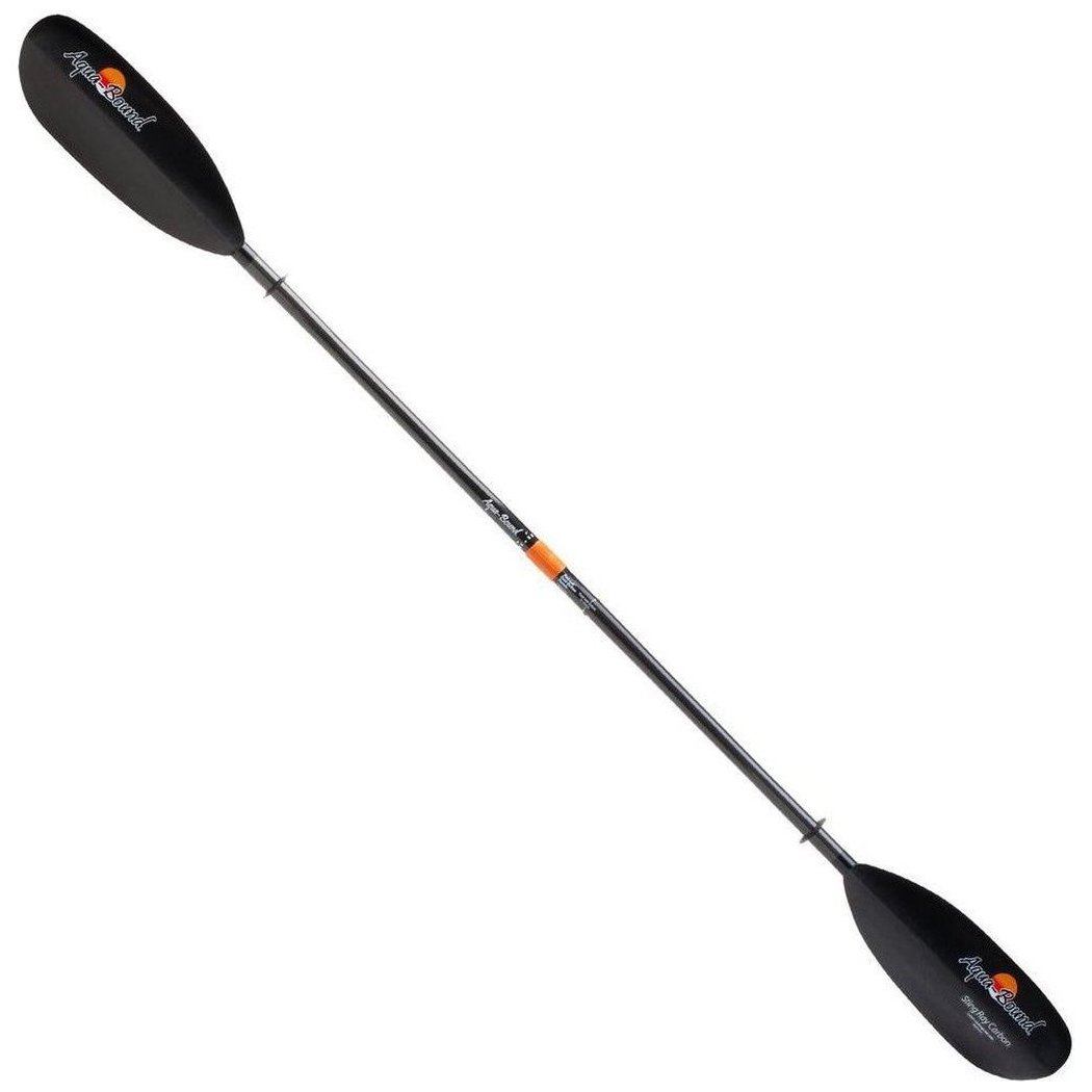 A black Aqua Bound Sting Ray Carbon 2-piece Posi-Lok Kayak Paddle shown from a side angle against a white background.
