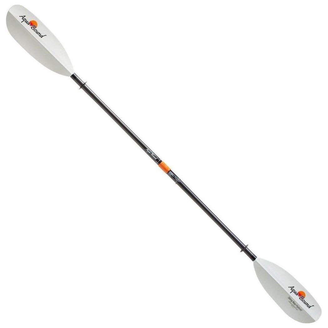 A white Aqua Bound Sting Ray Hybrid 2-piece Posi-Lok kayak paddle shown from a side angle against a white background.
