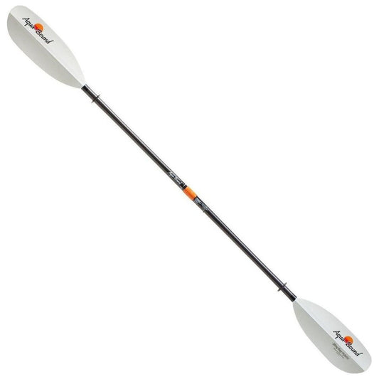 A white Aqua Bound Sting Ray Hybrid 2-piece Posi-Lok kayak paddle shown from a side angle against a white background.