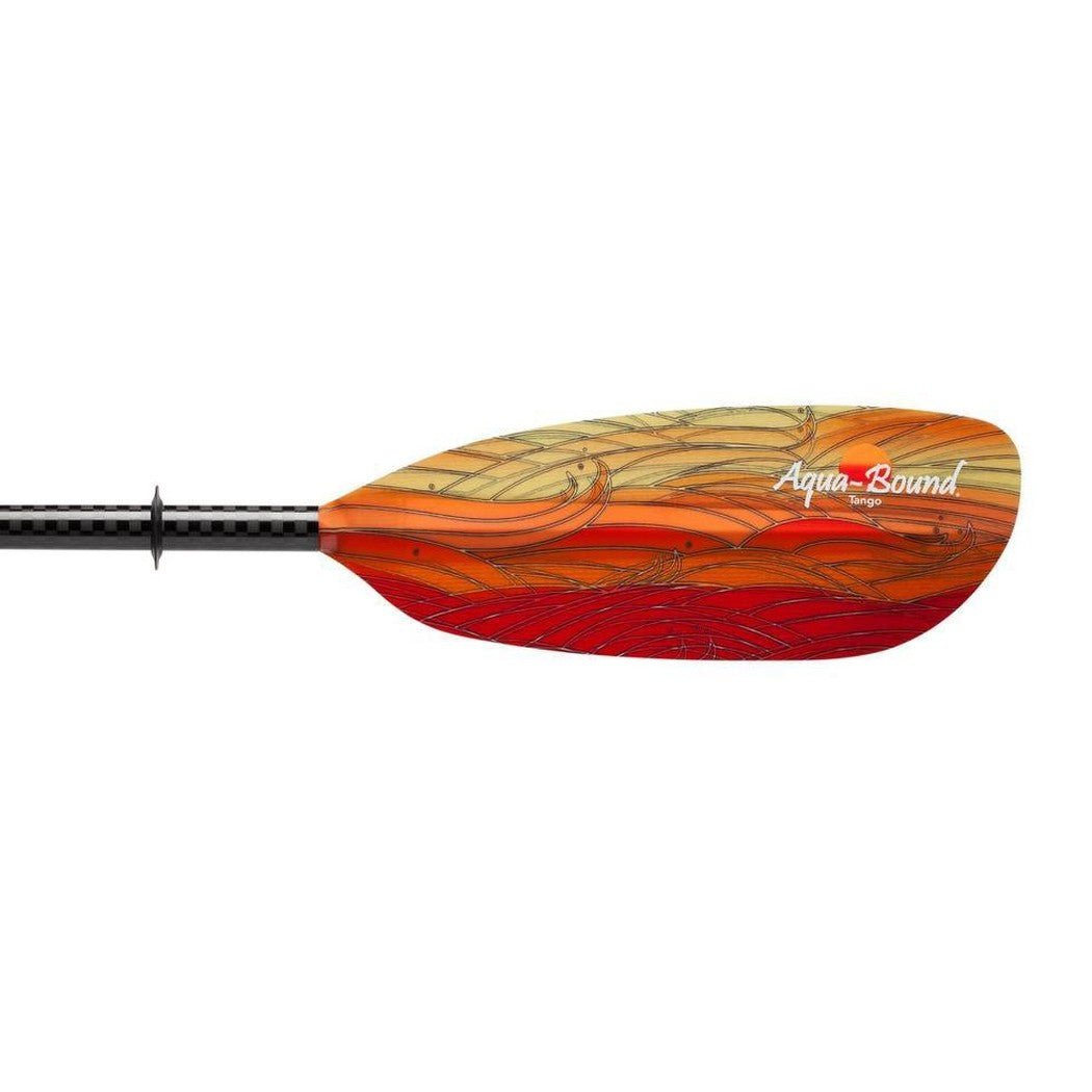 Side view of the Aqua Bound Tango Fiberglass 2-Piece Straight Shaft Kayak Paddle in Fuego color with a black shaft against a white background.