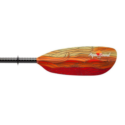 Side view of the Aqua Bound Tango Fiberglass 2-Piece Straight Shaft Kayak Paddle in Fuego color with a black shaft against a white background.