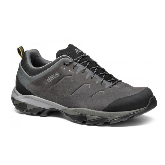 A side view of the Asolo Men's Acadi LTH GTX MM in Graphite/Black with a lugged outsole against a white background.
