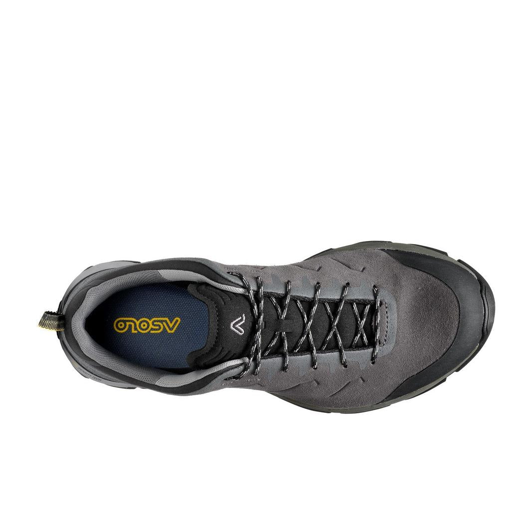 Top view of the Asolo Men's Acadi LTH GTX MM boot in Graphite/Black with laces and a white background.