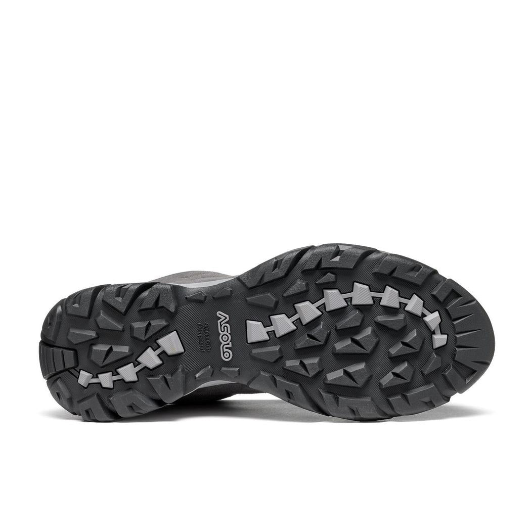 The sole of the Asolo Men's Acadi LTH GTX MM boot, showing its rugged tread pattern and Graphite/Black color, is displayed against a plain white background.