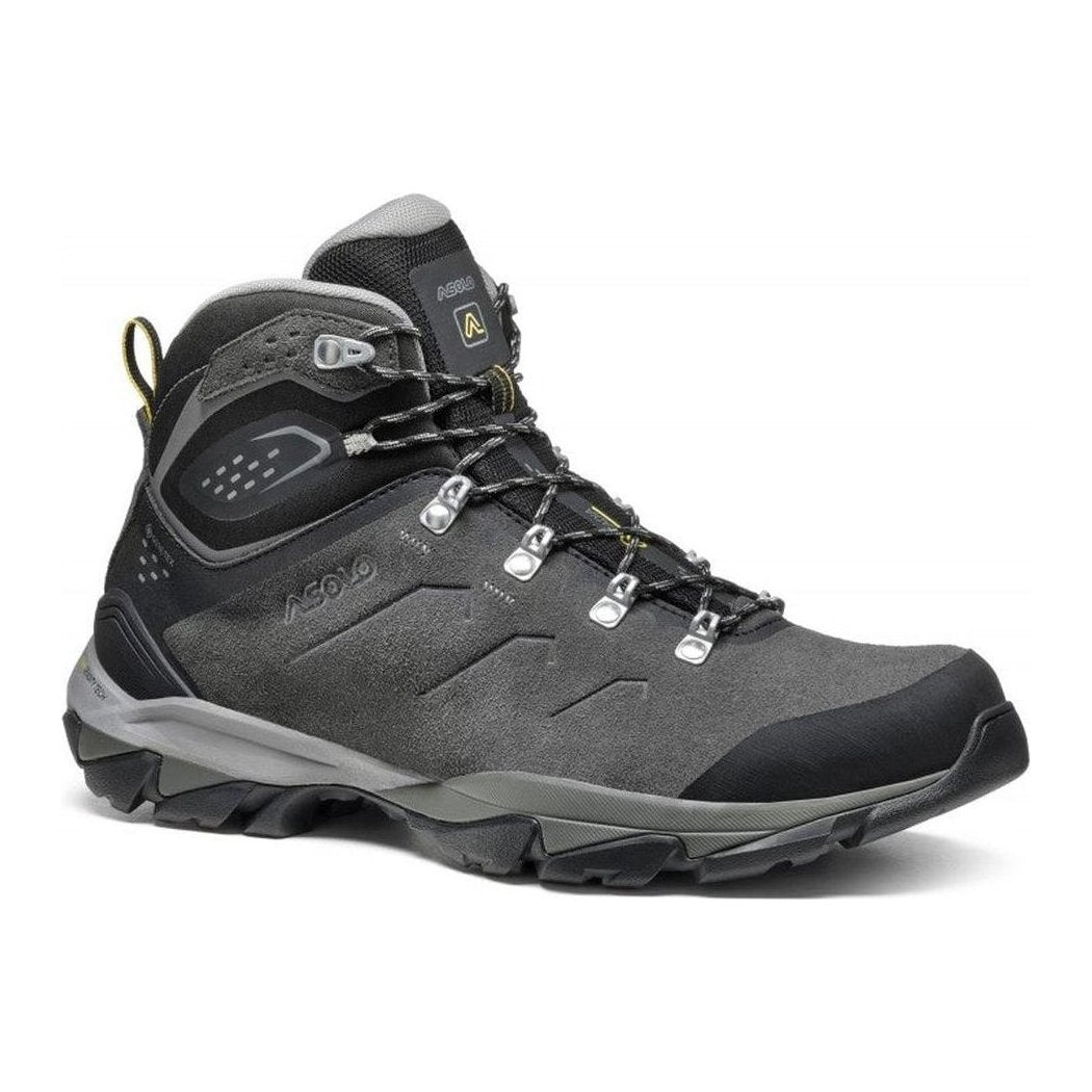 A side view of the Asolo Men's Acadia Mid Leather GTX boot in Graphite/Black with a rugged outsole against a white background.