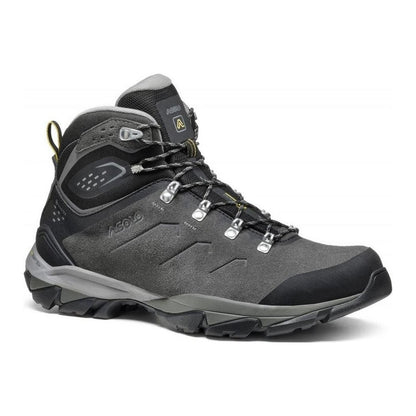 A side view of the Asolo Men's Acadia Mid Leather GTX boot in Graphite/Black with a rugged outsole against a white background.