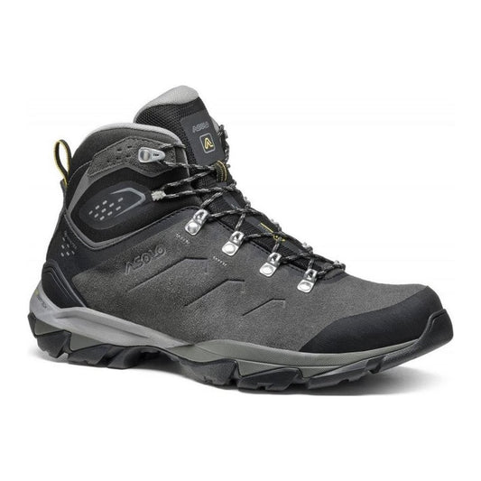 A side view of the Asolo Men's Acadia Mid Leather GTX boot in Graphite/Black with a rugged outsole against a white background.