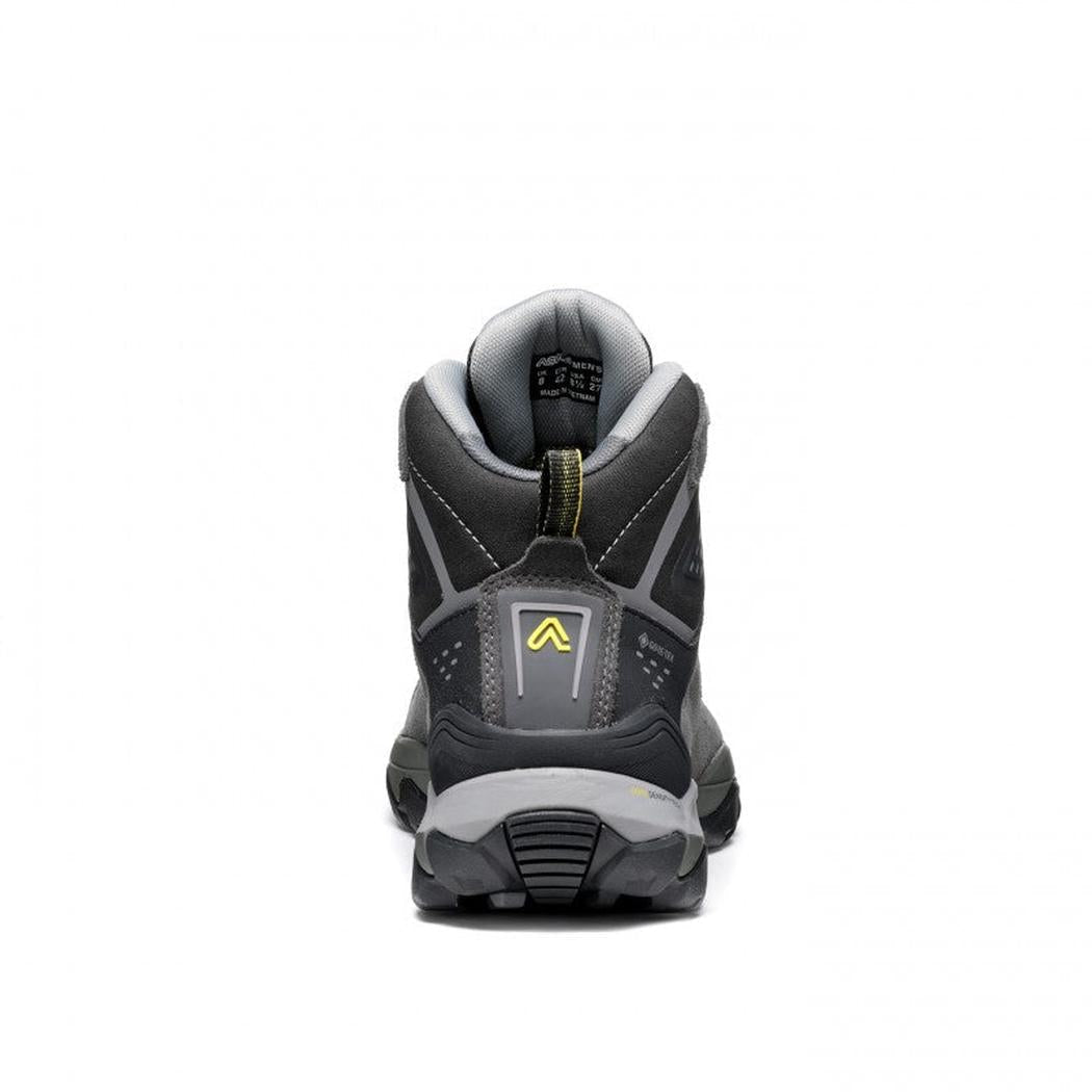 Back view of the Asolo Men's Acadia Mid Leather GTX boot showing the heel counter and lugged outsole against a white background.