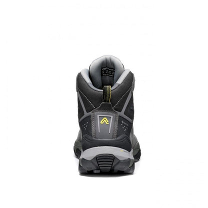 Back view of the Asolo Men's Acadia Mid Leather GTX boot showing the heel counter and lugged outsole against a white background.