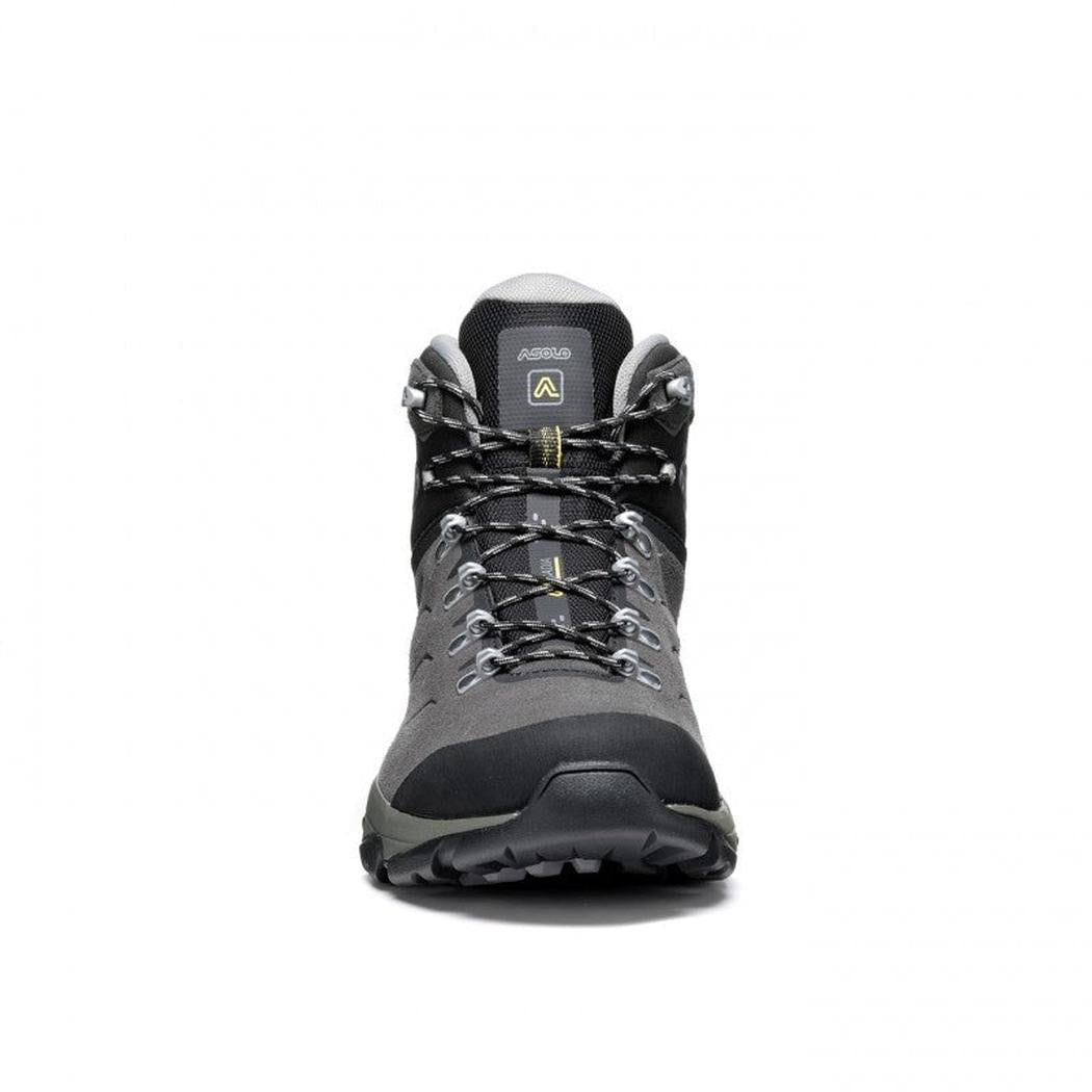 Front view of the Asolo Men's Acadia Mid Leather GTX boot with a white background.